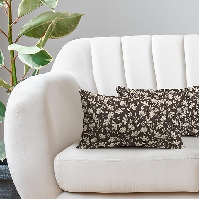 Dark Brown Pillow Covers 12x20 Set of 2 Vintage Floral Rustic Old Style Cute Flower Print Rectangle Decorative Outdoor Pillowcases Seasonal Farmhouse Throw Cushion Case Couch Sofa Bed Decor
