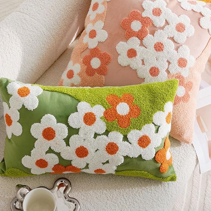 vctops Spring Floral Tufted Decorative Throw Pillow Covers Cute Flower Lumbar Pillow Cases Soft Velvet Couch Cushion Cover for Chair Sofa Bedroom Living Room Home Decor (Green,12"x20")