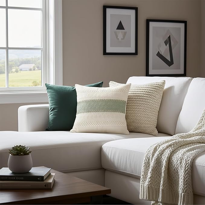 Set of 2 Sage Green Boho Throw Pillow Covers 18x18 Inch Decorative Cushion Covers for Couch Bed Sofa Chair Cotton Macrame Décor Decorations (Type A)