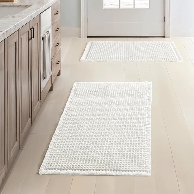 MIULEE Set of 2 Waffle Bathroom Rugs, Boho Bath Rugs Non Slip Washable, Super Absorbent Bath Mats, Ultra Soft Rubber Backed Shower Mats for Bathroom Floor, Tub and Shower, White, 17x24 Inch