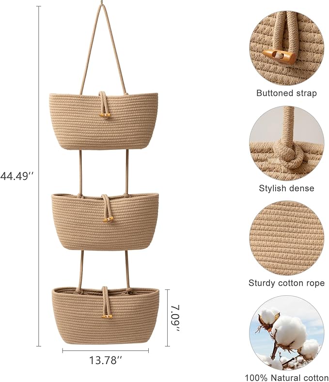 TeoKJ 3-Tier Cotton Rope Baskets with Button Strap Over the Door Wall Hanging Baskets for Nursery, Living Room, Bathroom, Door Storage Organizer for Decoration-Jute