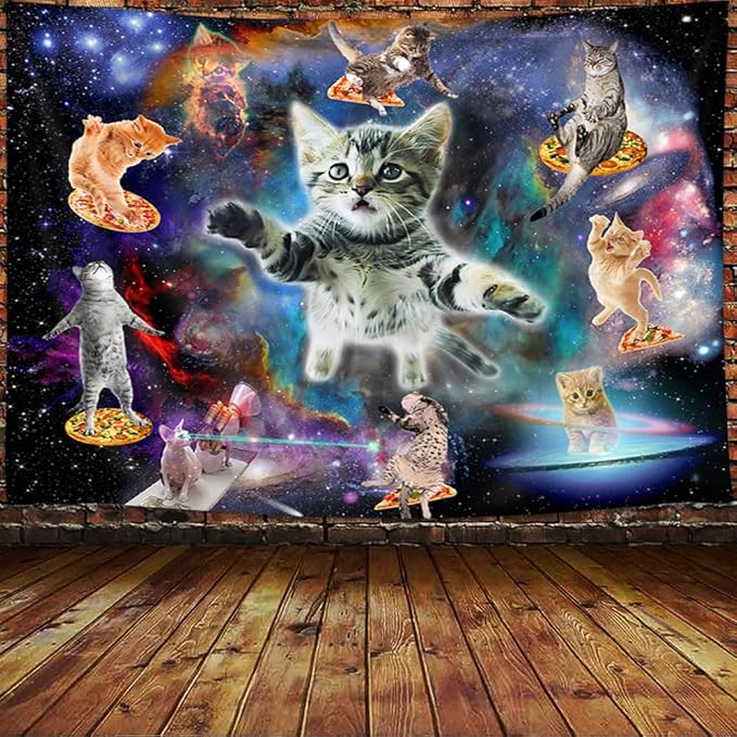 Cats Tapestry, Cool Funny Kittens Starry Sky Nebula Galaxy Milky Way Space Psychedelic Hippie Wall Hanging for Home Decor, 71x60 Inches
