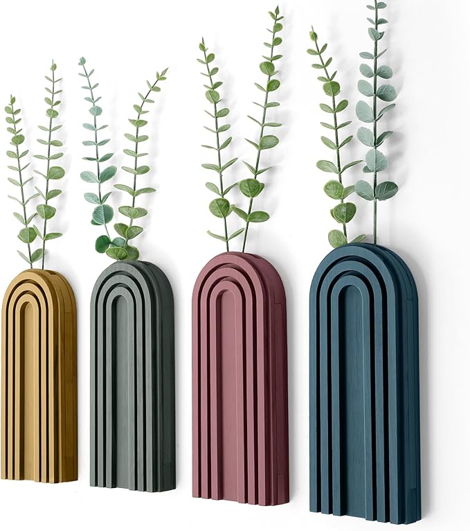 4 Pack Wood Wall Planter Indoor Wall Decor Plant Holders Boho Hanging Planter Vases for Modern Farmhouse Living Room Bedroom Rainbow Decor (Morandi Color)