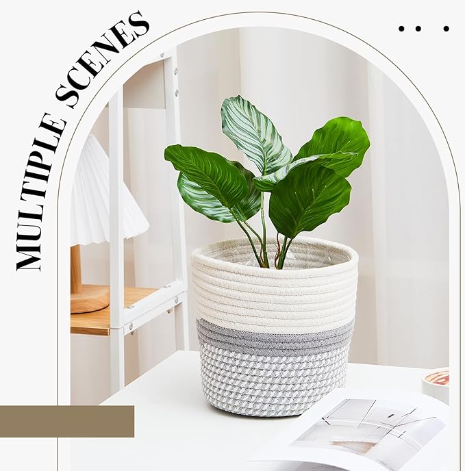 3 Pcs Cotton Rope Plant Basket with Plastic Liner Rustic Plant Basket Planters Modern Woven Decorative Pots for Home Flower Indoor Storage Decor, 7.5 x 6.5 Inches(White, Gray)