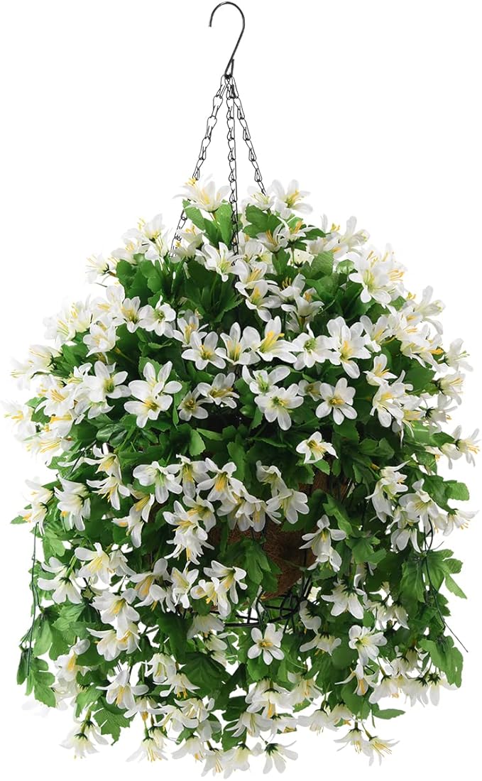 INQCMY Artificial Hanging Flowers in Basket for Patio Garden Decoration,Faux Silk Violet in Planter UV Resistant Realistic for Outside Home Porch Balcony Yard Decor(White)