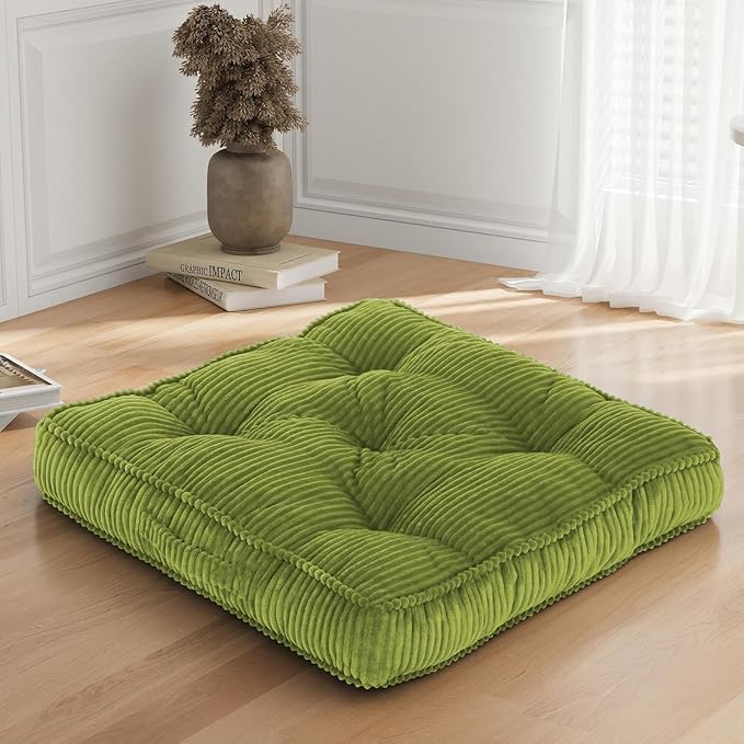 Floor Pillow, 22x22 Tufted Floor Cushion for Adults, Square Large Meditation Cushion Pillow, Corduroy Sitting with Handle, Yoga Seating for Tatami, Light Green,1Pack