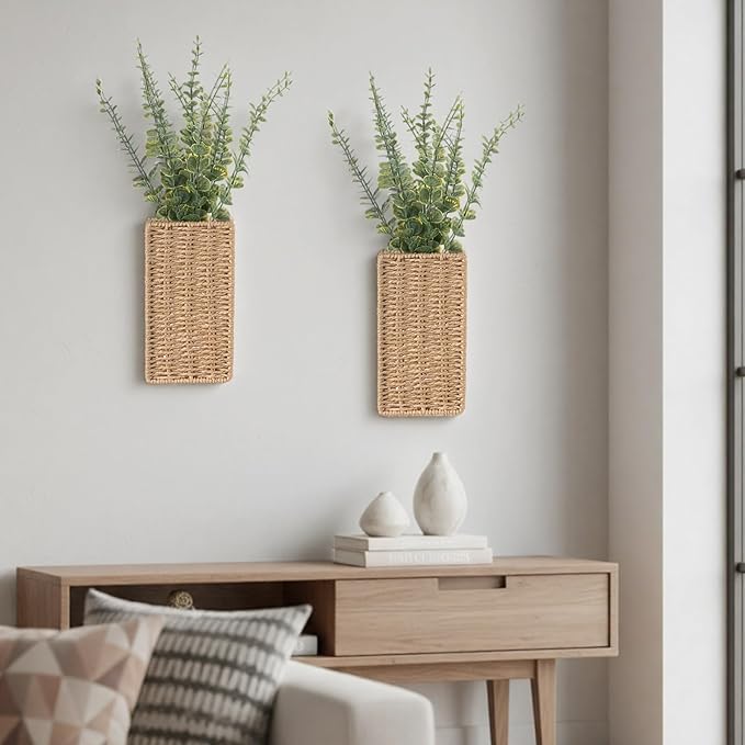 2 Pack Woven Wall Vase with Artificial Eucalyptus Boho Wall Basket Hanging Decor Rustic Pocket Planter Flower Vase for Indoor Living Room Bedroom Home Office Kitchen Decoration