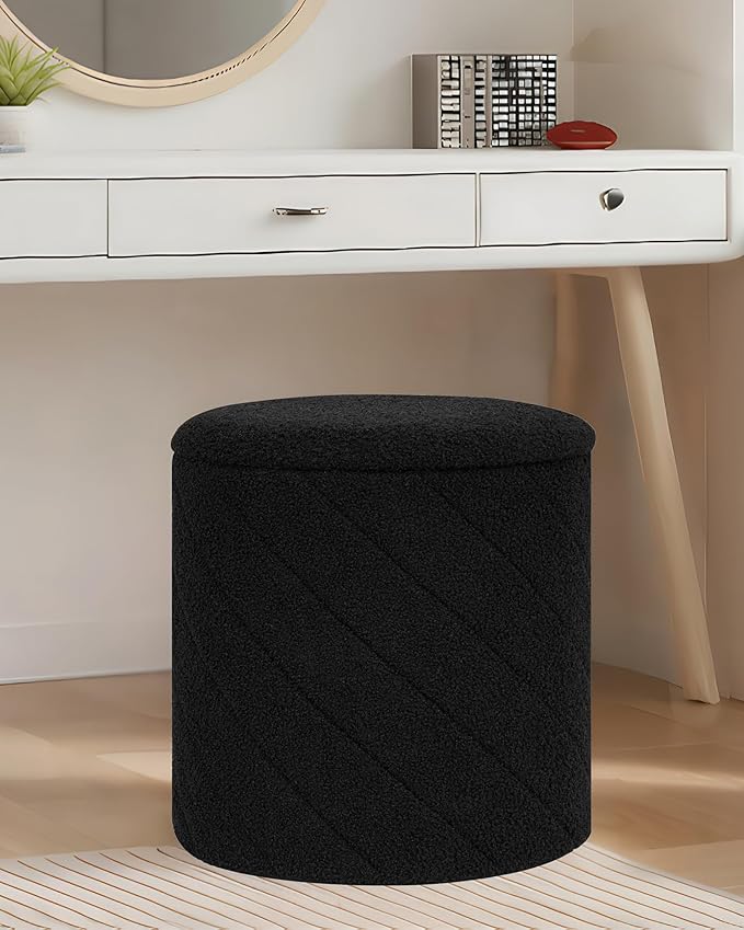 B FSOBEIIALEO Ottoman with Stroage, Boucle Round Storage Ottoman with Tray, Foot Rest Stool for Dorm Room, Living Room Black, 16.93"x16.93"x17.72"