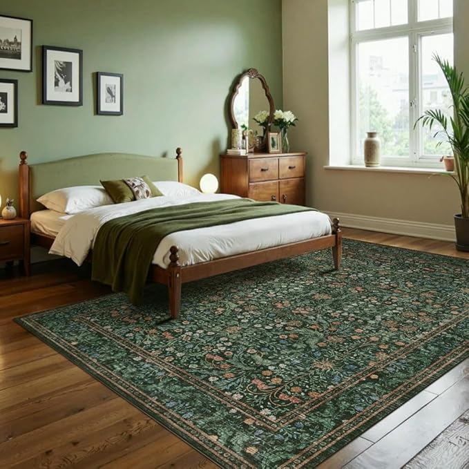 6x9 Area Rugs for Living Room Bedroom, Large Washable Rug, Green Vintage Floral Boho Rug, Non Slip & Low Pile Faux Wool Thin Carpet for Indoor Dining Room and Kids Room(Green 6x9ft)