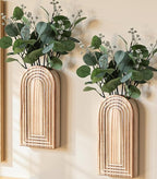 DREAMLOOM 2 Pack Wooden Wall Vases with Fake Plants, Wall Hanging Planters Boho Modern Farmhouse Indoor for Narrow Spaces Entryway Bathroom Home Office Decoration, Brown