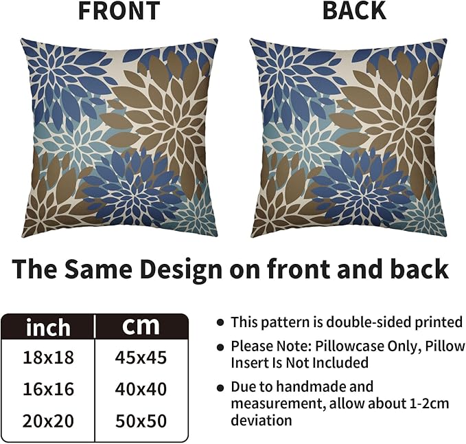 Brown Blue Pillow Covers 20X20 Inch Set of 2, Spring Summer Floral Dahlia Flower Cream Decorative Throw Pillow Covers Outdoor Modern Farmhouse Cushion Case for Home Couch Sofa Bed Decor
