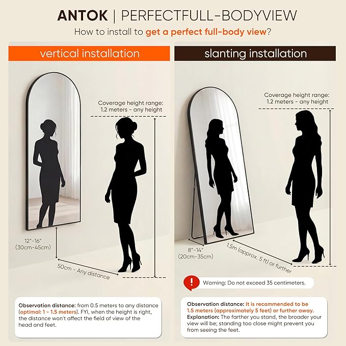 Antok 58" x19” Arched Full Length Floor Mirror, Black Aluminum Frame, Free Standing/Wall Mount/Leaning for Bedroom, Living Room, Dressing Room