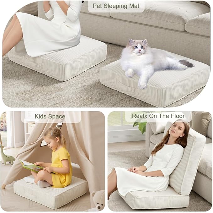 Floor Pillow for Adults, 4" Square Floor Cushions with Washable Cover, Large Corduroy Meditation Pillow, 22 inches Tatami Seat with Handle for Living Room or Yoga, Beige