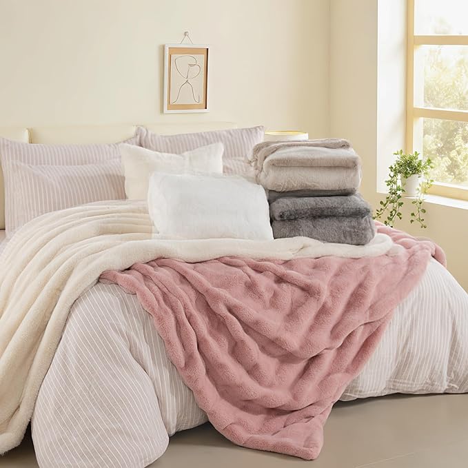 NEXHOME PRO Faux Fur Throw Blanket Pink, Luxury Soft Decorative Cozy Plush Long Shaggy Fluffy Blanket for Sofa Couch Bed Living Room, Reversible Puffy Thick Warm Blanket for Winter, 60"X80"
