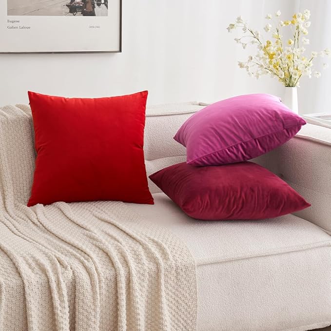 MIULEE 24x24 Inch Euro Sham Velvet Pillow Covers, Set of 2 Large Square Christmas Decorative Pillows -Bright Red Super Soft for King Bed, Sofa, Couch, Accent Chairs