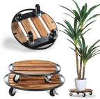 2 Pack Plant Caddy with Wheels,14" + 12" Rolling Plant Stand 264 LB Heavy Duty, Iron and Wood Round Plant Dolly with Metal 360° Lockable Wheels for Outdoor Indoor Large Plant Pots, Patio, Flower Pot