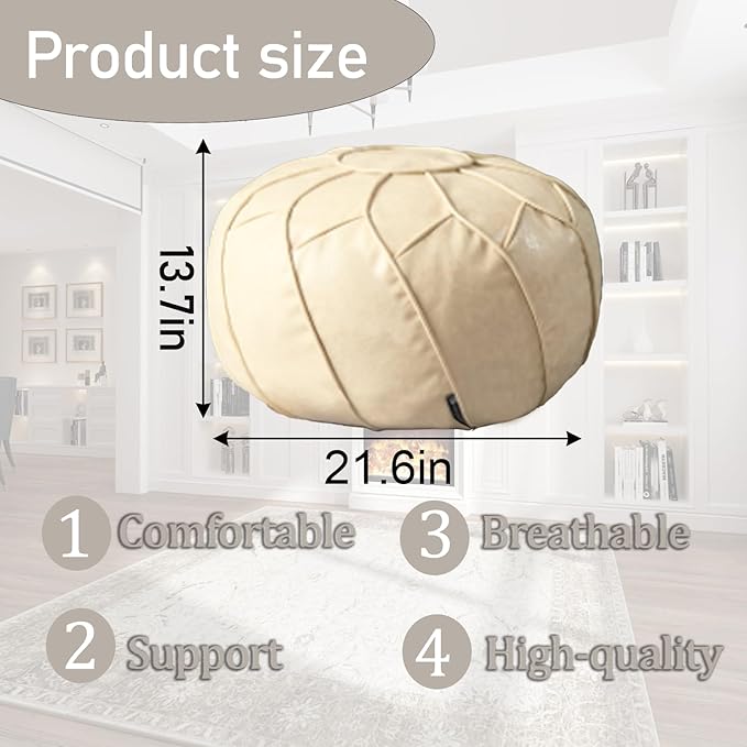Louis Donné Unstuffed Pouf Ottoman Cover, Round Handmade Waterproof Faux Leather Foot Stool Ottoman, Storage Bean Bag Floor Chair, Footstool for Living Room Kids Room or Bedroom ONLY Cover(Off-White)