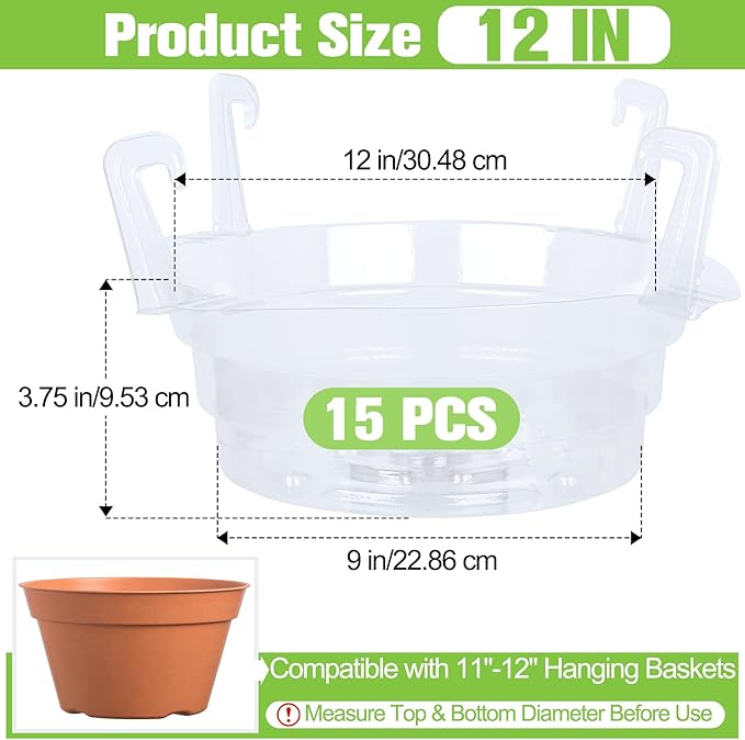 Miuwauer 15 Pack of 12-inch Hanging Basket Water Catcher Plastic Hanging Plant Drip Pan Tray Plastic Saucers Liners for Indoor Outdoor Hanging Plants Baskets Flower Pots - Clear, Round