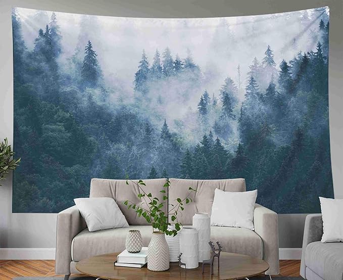 EMMTEEY Misty Forest Tapestry,Tapestries Décor Living Room Bedroom for Home Inhouse by Printed 60x50 Inches for Foggy Mountain Landscape with fir Forest in Hipster Vintage Retro Style