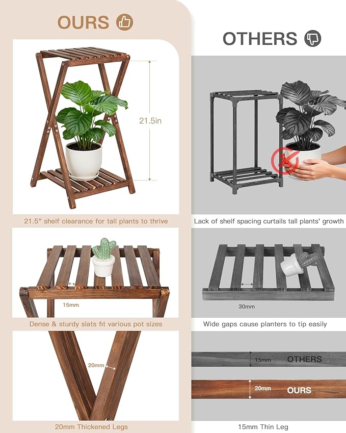 Tall Plant Stand Indoor, Wooden 2 Tier Plant Shelf for Multiple Plants, Corner Square Plant Display Rack, Flower Potted Stand for Living Room Balcony Bedroom Office