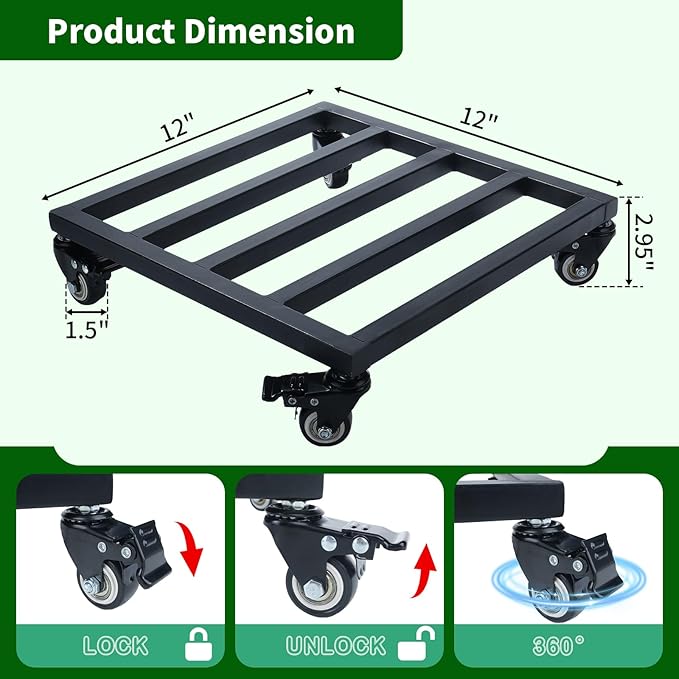 2 Pack 12 Inch Metal Plant Caddy with Wheels, Square Rolling Plant Stand Heavy Duty Indoor Outdoor Planter Dolly, Plant Pot Mover for Large Flower Pots and Planters, 380 Lbs
