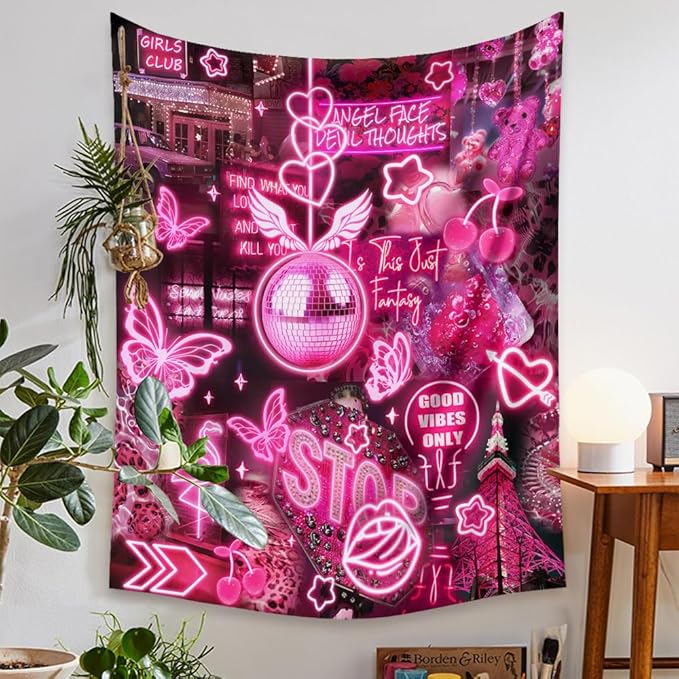 Pink Neon Sign Tapestry for Bedroom Blacklight Tapestry Glow in the Dark Neon Backdrop Trendy Butterfly Tapestries Wall Hanging Aesthetic Room Decor Black Light Poster Large Wall Mural Art 60x80 Inch