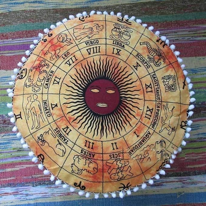 Zodiac Astrology Mandala Large Ottoman Floor Cushions Cover Decorative Throw Pillow Cases Round Ottoman Cover Siting Footstool Bohemian Kids Bean Bag Case