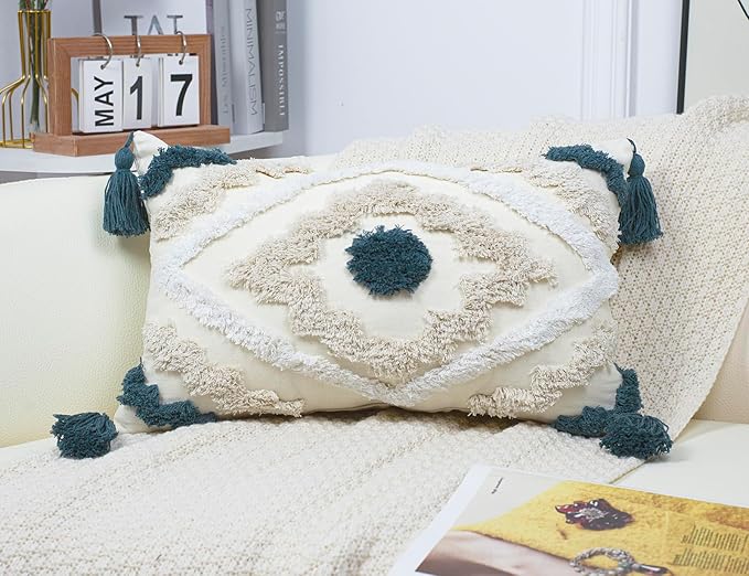 Decorative Farmhouse Throw Pillow Covers 12 x 20,Modern Neutral Couch Pillow Cover,Cotton Checked Pattern Boho Lumbar Pillow Case Cover for Couch Bed Sofa Bedroom,Blue&Beige&White