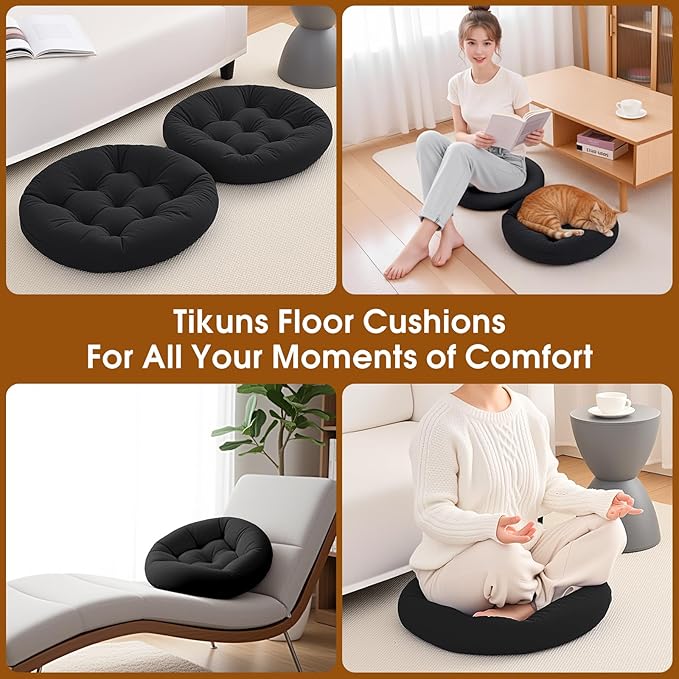2Pcs Floor Pillows for Adults, 22x22 Inch Meditation Cushions, Large Round Sitting Cushion Living Room Memory Foam Pillow for Sitting (4, Black, 22x22x4 Inch)