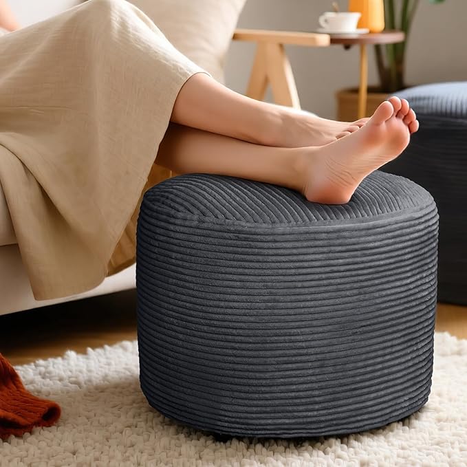 Round Corduroy Ottoman Foot Rest Pouf for Living Room Couch - Soft Plush Shredded Foam Filled Hassock Stool, Comfy Footstool