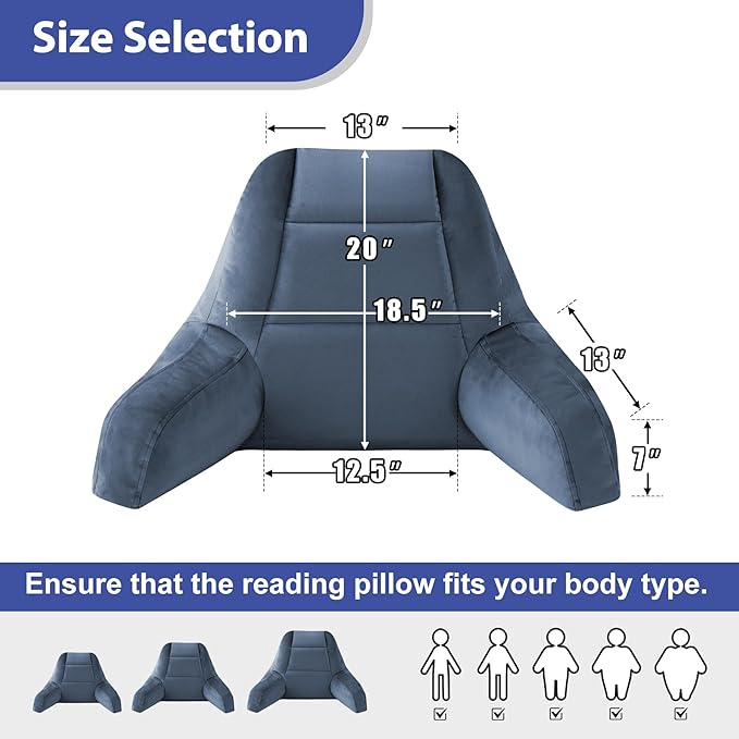 Reading Pillows for Sitting in Bed Adult, Back Pillow for Bed Sitting Up, Backrest Pillows with Shredded Foam for Adult&Teens, Support Pillow with Arms for Beds, Couch, Floor, 20in, Navy Blue