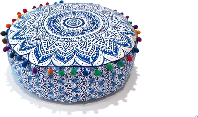 INDIAN CRAFT CASTLE ICC Mandala Barmeri Large Floor Pillow Cover Cushion Meditation Seating Ottoman Throw Cover Hippie Decorative Zipped Bohemian Pouf Ottoman Cases Blue Ombre 24" Round