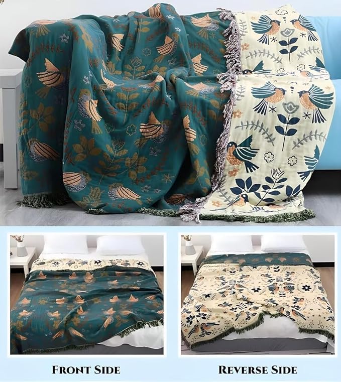 Boho Blanket for Bed 100% Cotton Bohemian Throw Blankets Ultra Soft Woven Muslin Decorative Blankets All Seasons Vintage Quilt Knitted Blanket for Sofa Chair(Blue, 80"x90")