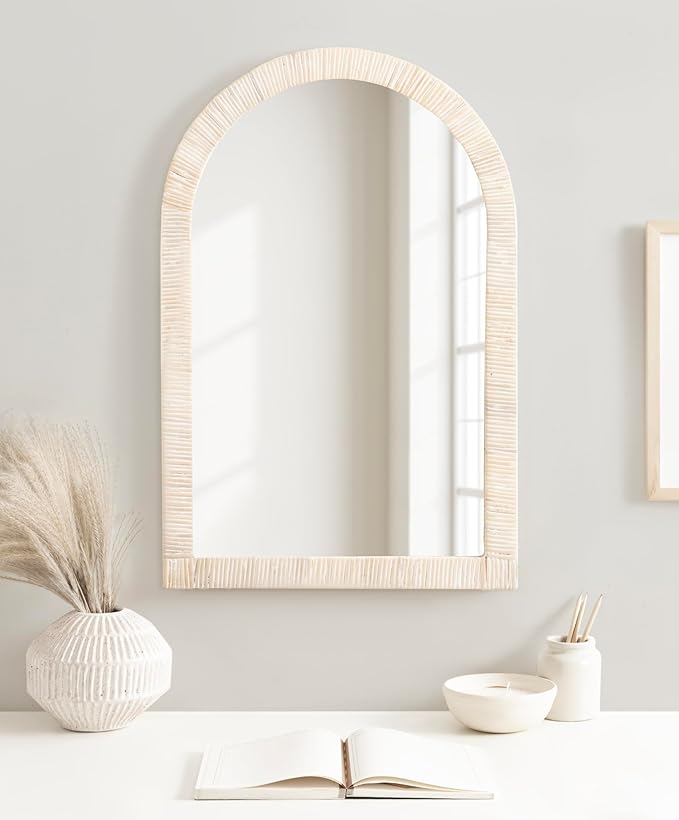 Kate and Laurel Rahfy Boho Arched Rattan Mirror, 20 x 30, White, Decorative Arch Wall Mirror with Authentic Rattan Frame for Vanity Bathroom Mirror
