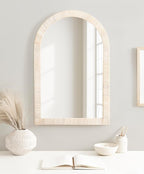 Kate and Laurel Rahfy Boho Arched Rattan Mirror, 20 x 30, White, Decorative Arch Wall Mirror with Authentic Rattan Frame for Vanity Bathroom Mirror