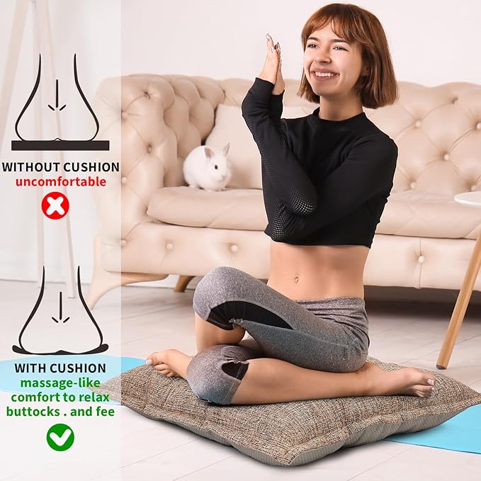 SINSOSSO Large Floor Pillows 22", Thickened Bite-Size Memory Foam Square Non-Slip Cushions for Office Back Support/Yoga/Chair Seat, Fashionable Color-Blocked Fabric & Washable, Light Brown, 2 PCS