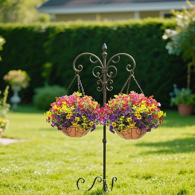 2 Set Artificial Outdoor Flowers with Hanging Basket, 2 Hanging Planters with 24 Pcs Flowers for Spring Summer Front Porch Garden Patio Home Decor