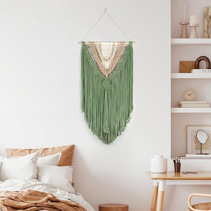 EOBTAIN Green Macrame Wall Hanging Boho Home Decor,Handmade Craft Handwoven Tapestry for Gallery Nursery Living Room,Natural Cotton Cord and Wood Beads Tassel Bohemian Art Decoration,30 Inch