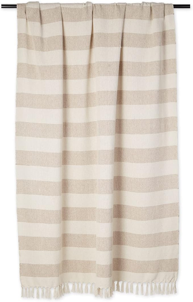 DII Rustic Farmhouse Cotton Cabana Striped Blanket Throw with Fringe, 50 x 60 - Cabana Striped Stone