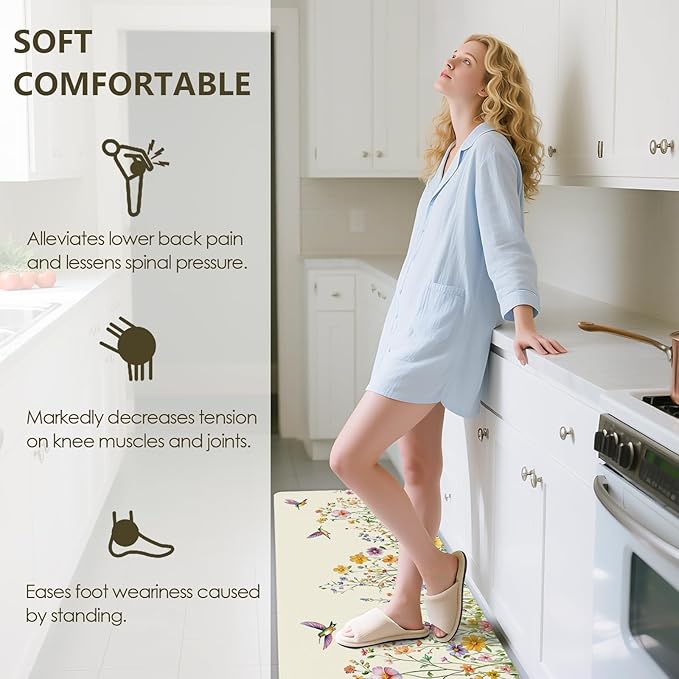 Flower Rugs for Kitchen Floor, ButterflyFloral Anti Fatigue Mats for Kitchen Floor Non Slip, 2PCS Rubber Kitchen Mat, Washable Cushioned Runner Carpet Rug for Sink Laundry 15.7"×27.5" +15.7"×47" 3.5mm