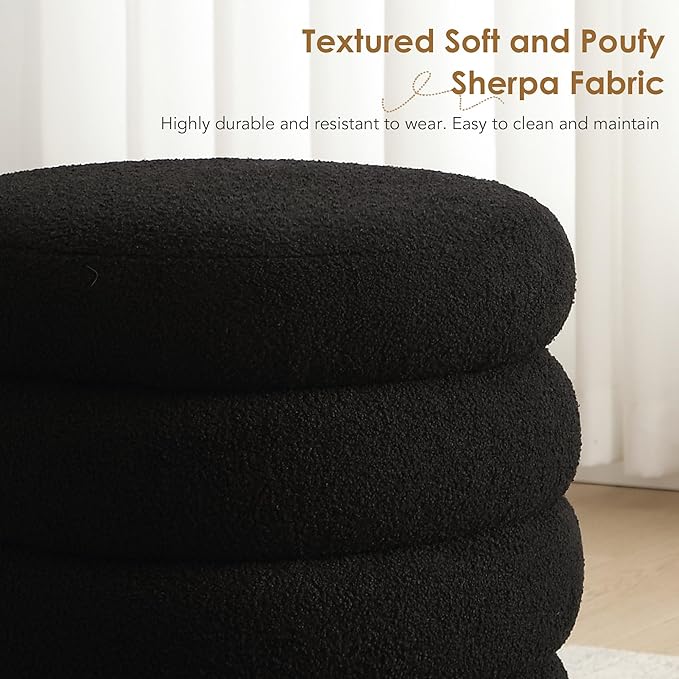 Flouki 19.5" Storage Ottoman Round, Vanity Stools for Bedroom, Entryway Ottoman for Console Table, Ottoman Stool for Girls Women, Foot Stool for Living Room Set of 2, Sherpa Black