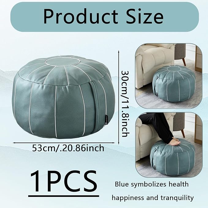 Louis Donné 21 Inch UNSTUFFED Moroccan Pouf Ottoman Cover, Handmade Faux Leather Foot Stool, Round Storage Poof Cover, Exotic Décor for Living Room Bedroom or Wedding Gifts ONLY Cover(Blue)
