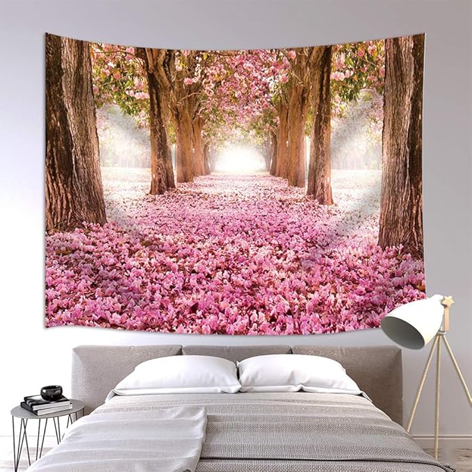 JAWO Pink Sakura Flower Tapestry Wall Hanging, Floral Cherry Blossom Tree in Spring Tapestries for Dorm Living Room Bedroom, Wall Blanket Beach Towels Home Decor 80X60 Inches