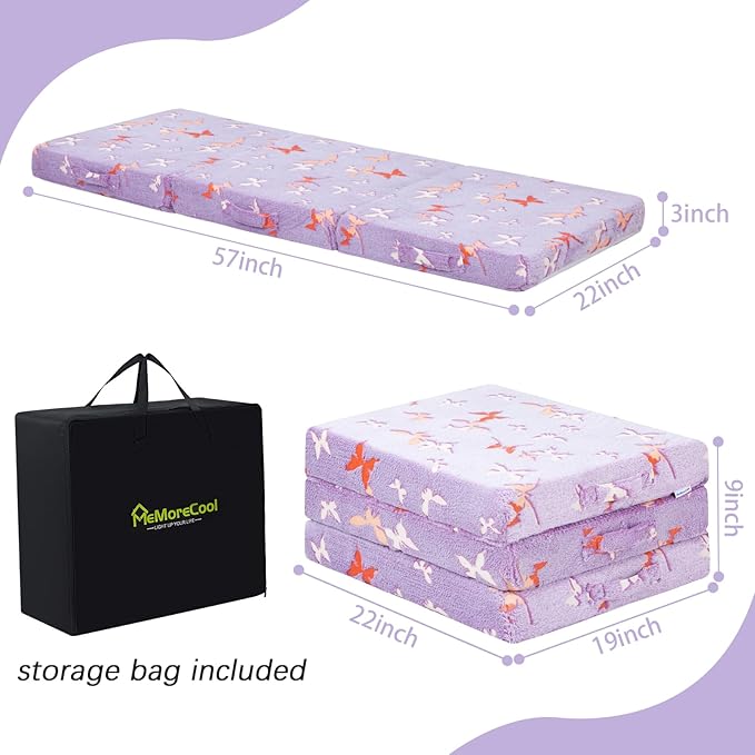 MeMoreCool Foldable Floor Mattress for Kids, Glow Butterfly Toddlers Trifold Nap Mat, Kids Folding Mattress Portable Sleeping Futon for Daycare or Floor Bed, 57x22 Inch Purple