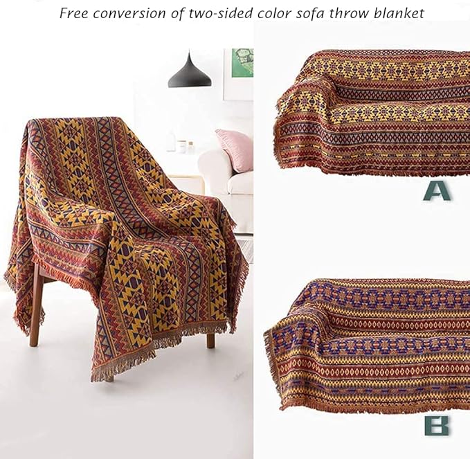 Boho Throw Blanket Couch Chair Cover, 100% Cotton Southwestern Aztec Home Decor Throw - Reversible All Season Blanket for Bed Sofa Tapestry Outdoor Travel Camping. 91″×134″