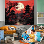 Atrippy Black and Red Japanese Anime Tapestry for Bedroom Aesthetic, Vintage Dark Japanese Room Decor Wall Hanging, Forest Tapestry for Boys Dorm Living Room 51x60 Inches