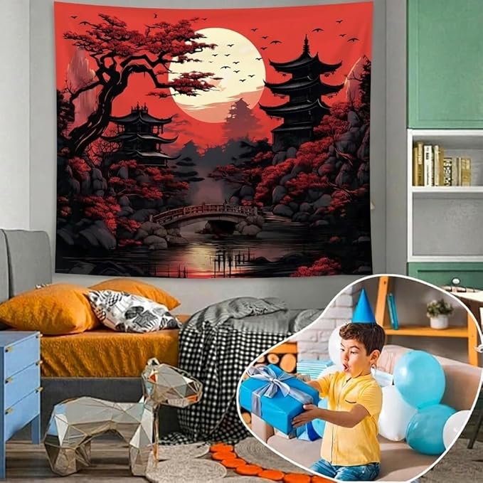 Atrippy Extra Large Anime Wall Tapestry for Bedroom Aesthetic, Black Red Japanese Forest Moon Wall Art Decor Tapestries Wall Hanging, Vintage Dark Nature Mountain Landscape Backdrop for Living Room 71"X90"