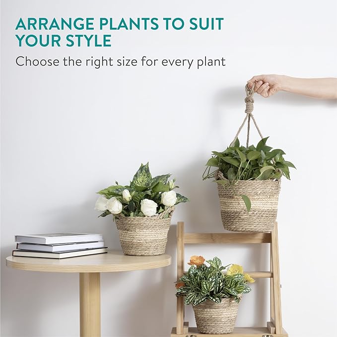 Navaris Seagrass Hanging Plant Pot Set - Decorative Indoor House Plant & Flower Pots with Jute Rope - Woven Basket Pattern for Home Storage - Small, Medium and Large Planters