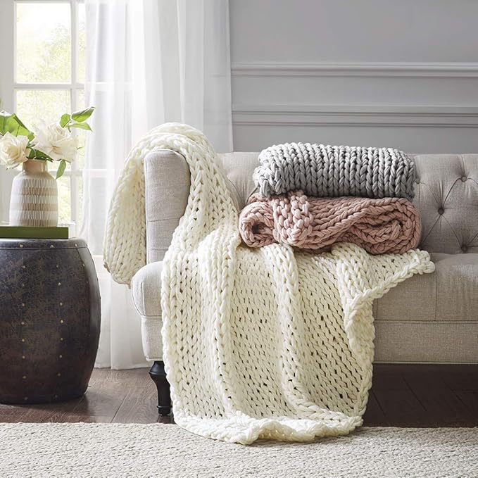 Madison Park Boho Throw, Soft Blanket Handmade Gift Home Decor, Lightweight & Breathable All Seasons Spring Chunky Knit, Knitted Throw for Couch, Bed Blanket, 50"x60", Ivory