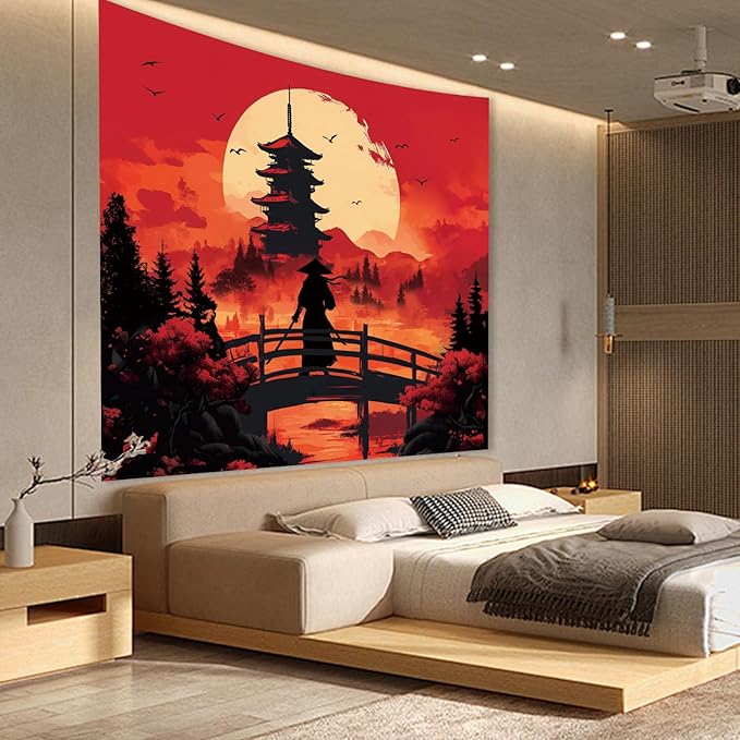 Apdidl Anime Japanese Samurai Wall Tapestry for Bedroom, Cool Black and Red Forest Mountain Moon Backdrop Tapestries Aesthetics, Medieval Dark Sunset Tower Wall Hanging for Men Room Dorm 51"X60"